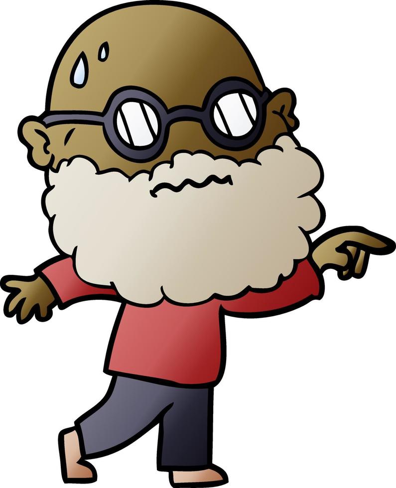 cartone animato preoccupato uomo con barba e spettacoli puntamento dito vettore