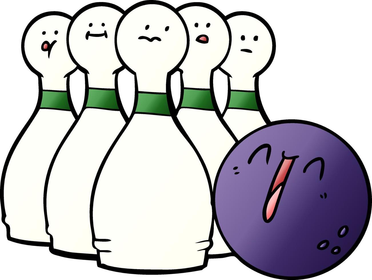 cartone animato ridendo bowling palla e perni vettore