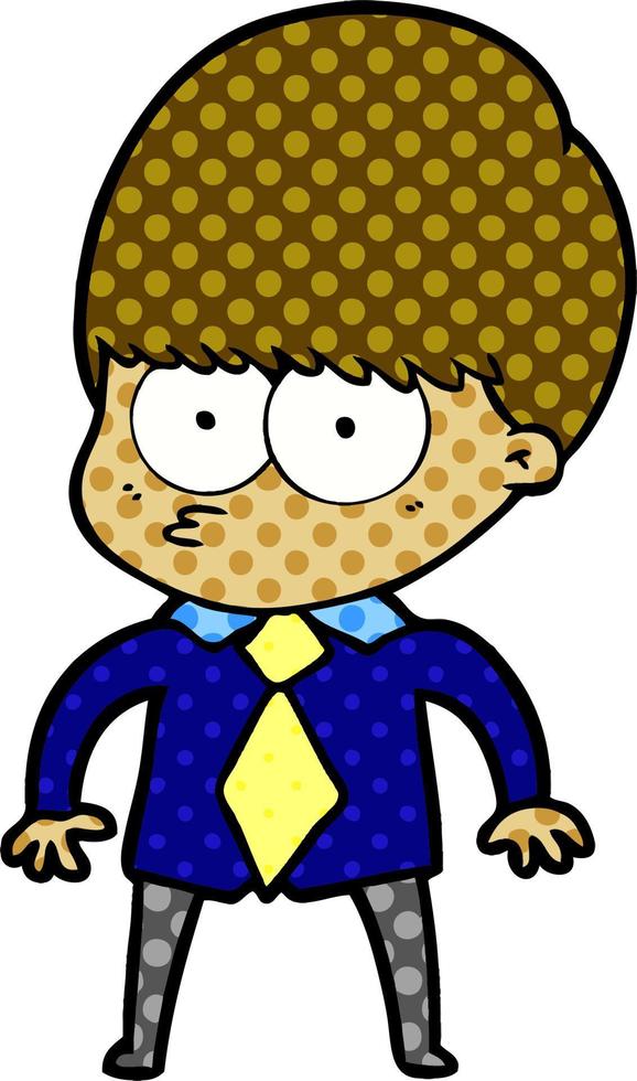 nervoso cartone animato ragazzo indossare camicia e cravatta vettore