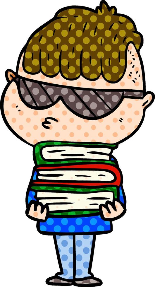 cartone animato ragazzo indossare occhiali da sole con pila di libri vettore