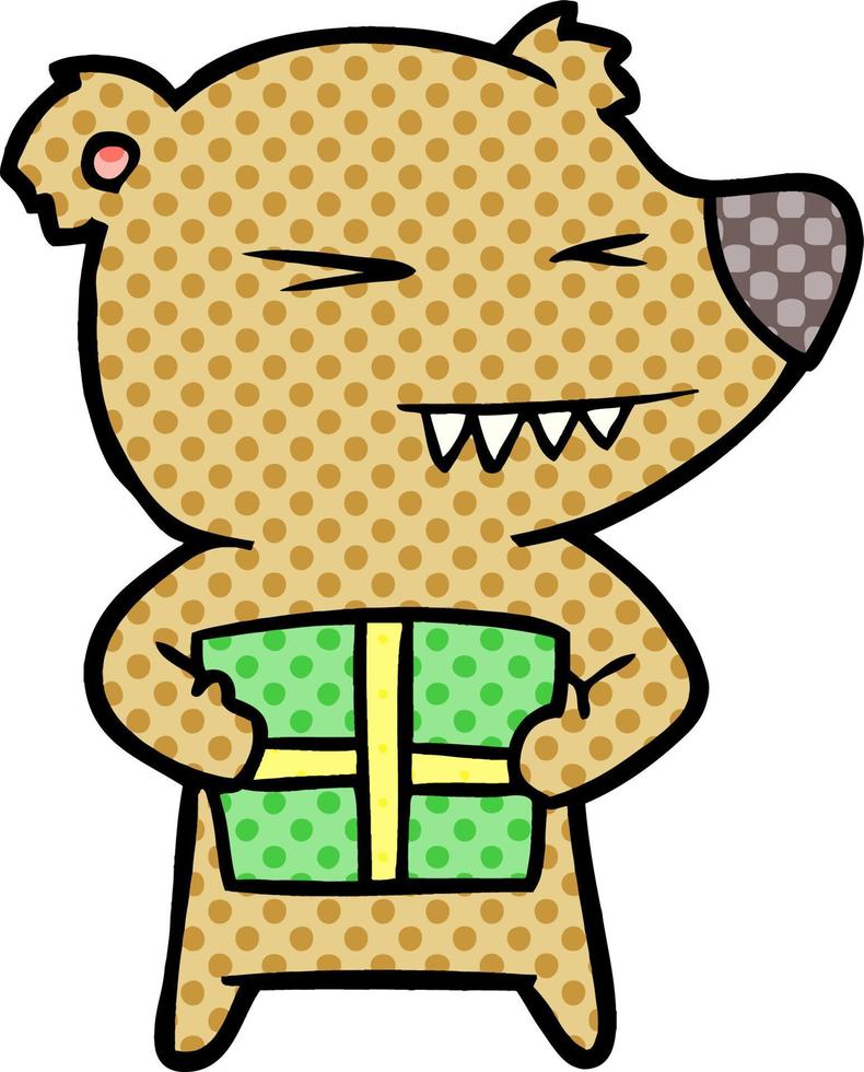 arrabbiato orso cartone animato con regalo vettore