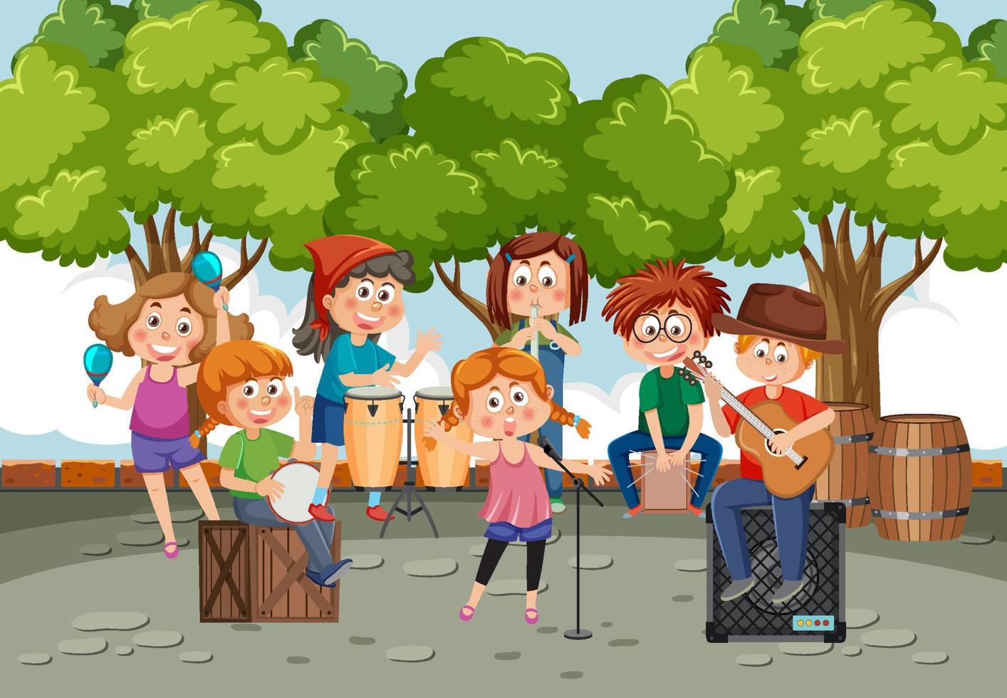 bambini musica gruppo musicale giocando a parco vettore