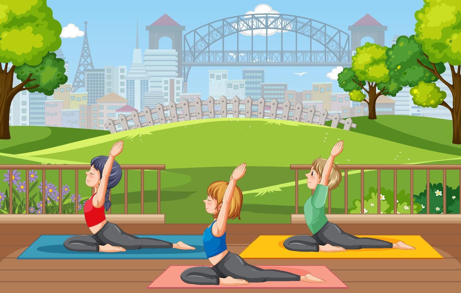 persone fare yoga a parco vettore