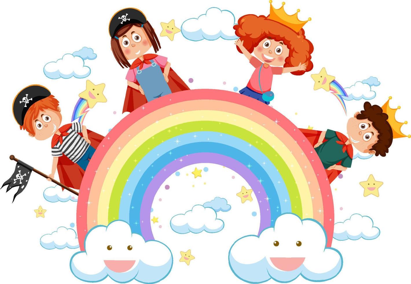 contento bambini con arcobaleno vettore