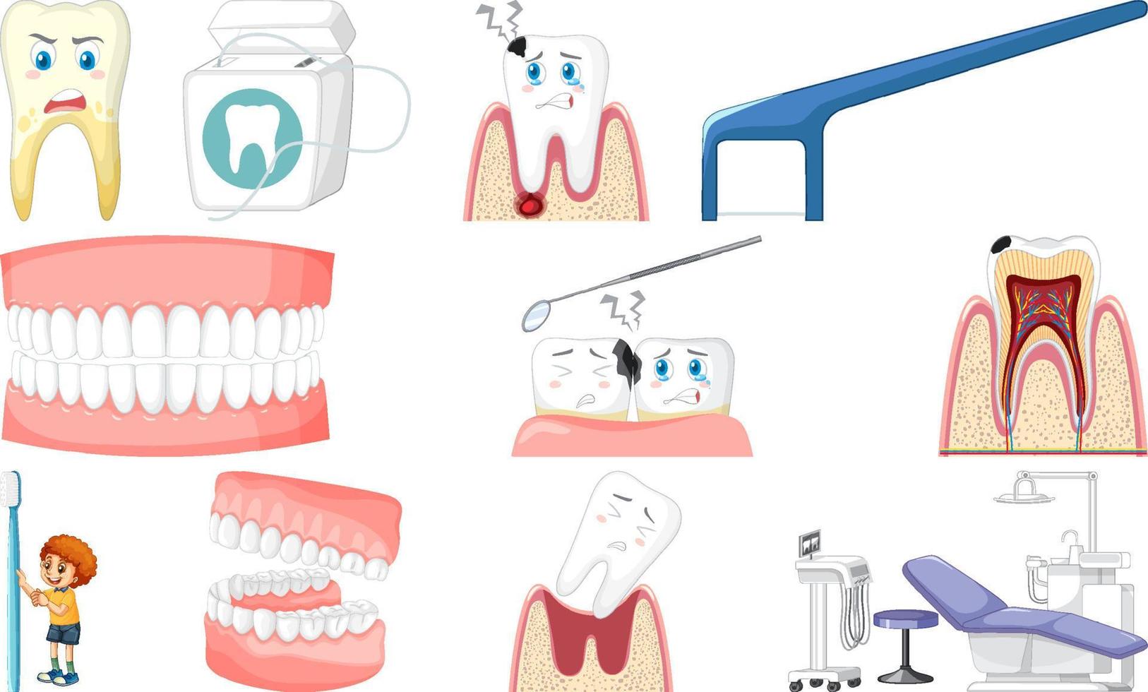 impostato di dentale attrezzature e cartone animato personaggi vettore