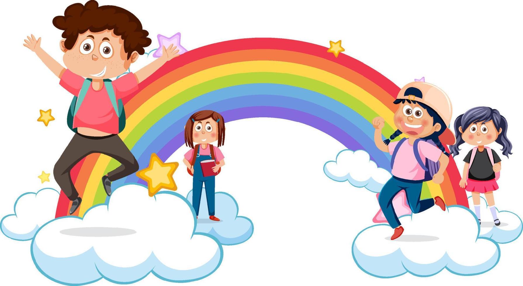 contento bambini con arcobaleno vettore