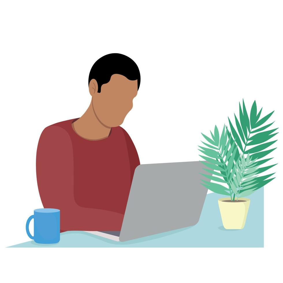 ritratto di un' indiano tipo seduta a un' tavolo con un' computer portatile, il tipo lavori a casa, piatto vettore, isolato su bianca, casa ufficio, su il tavolo un' tazza e un' vaso di fiori, senza volto vettore