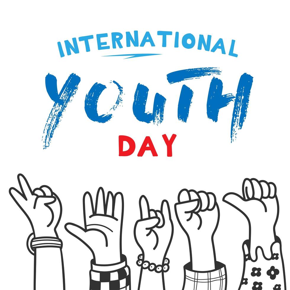 design della giornata internazionale della gioventù con le mani alzate vettore