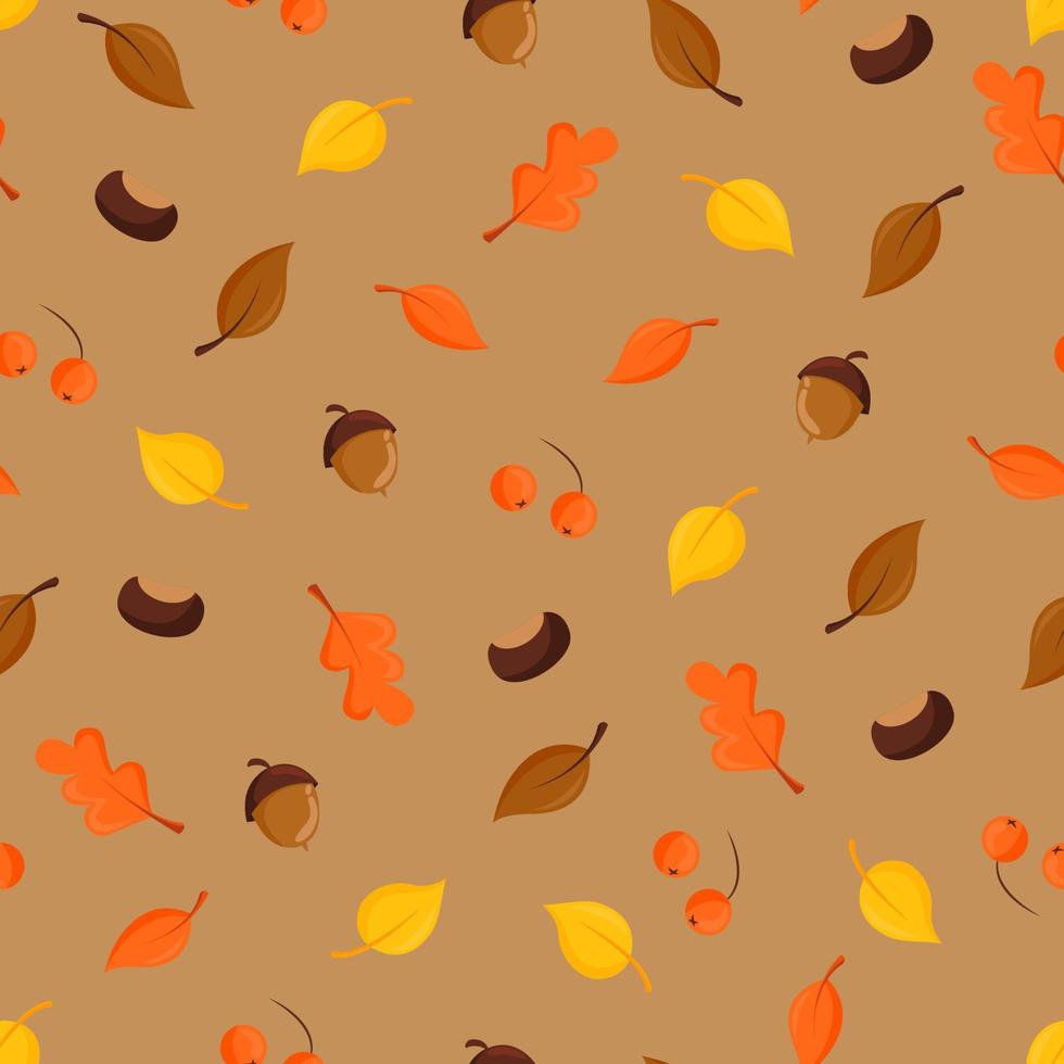 autunno senza soluzione di continuità modello con foglie, ghiande, castagne e frutti di bosco. autunno vacanze, raccolto, ringraziamento. sfondo per autunno concetto e altro scopi. vettore