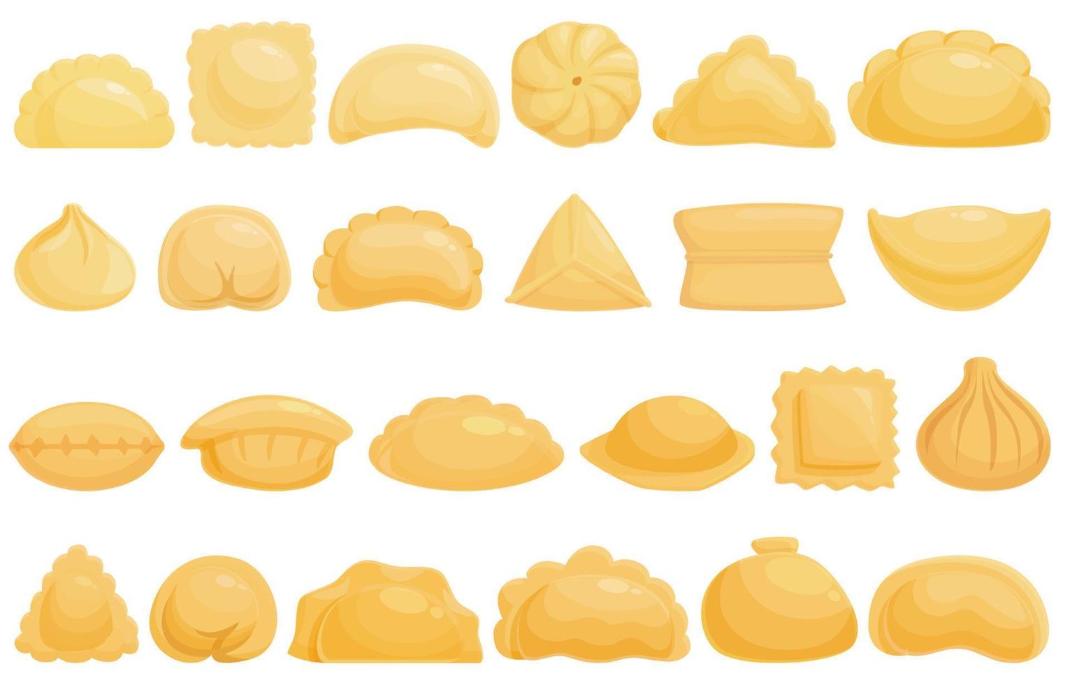 Ravioli icone impostato cartone animato vettore. wonton pelmeni vettore