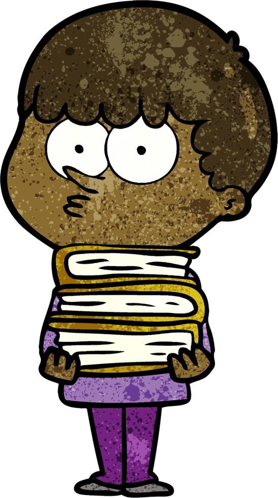 cartone animato curioso ragazzo con molte di libri vettore