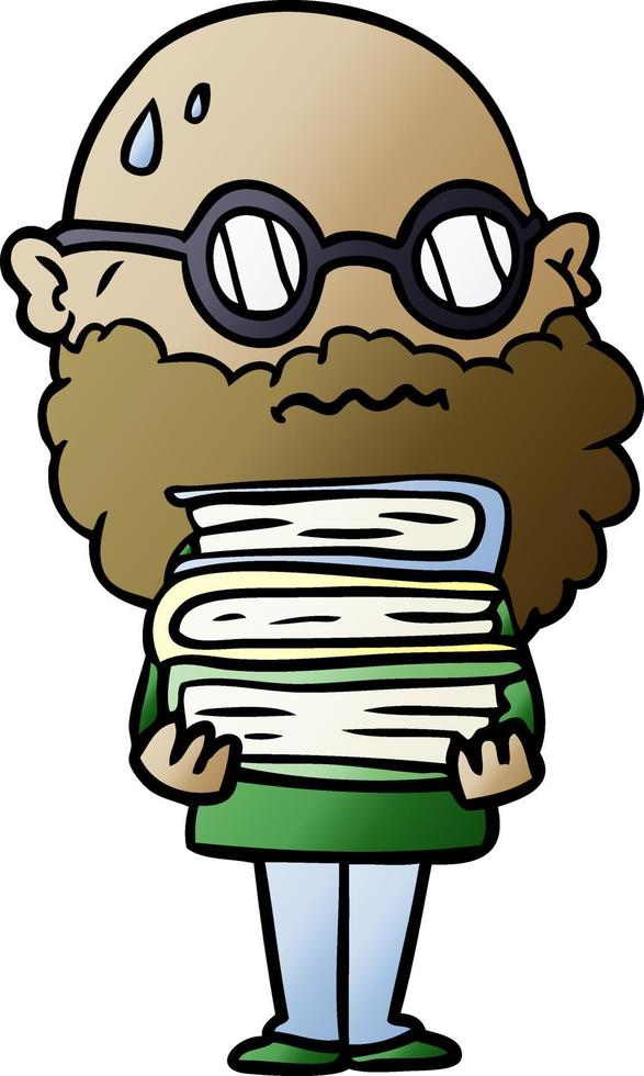 cartone animato preoccupato uomo con barba e pila di libri vettore