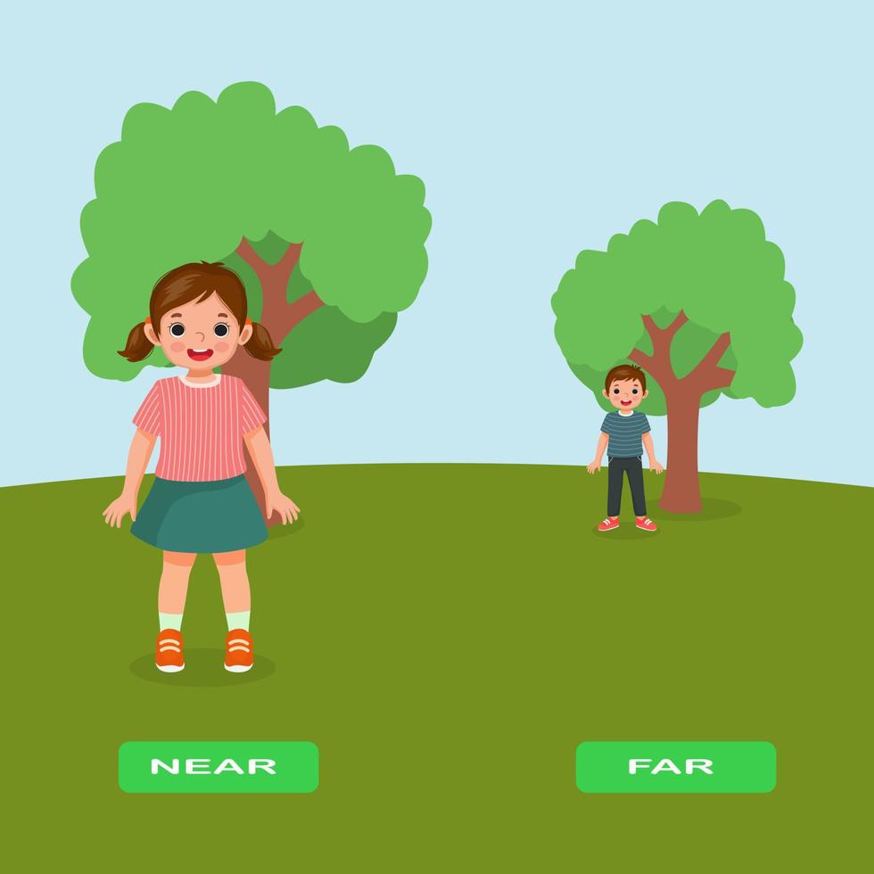 di fronte aggettivo contrario parole vicino e lontano illustrazione di bambini in piedi vicino albero spiegazione flashcard con testo etichetta vettore