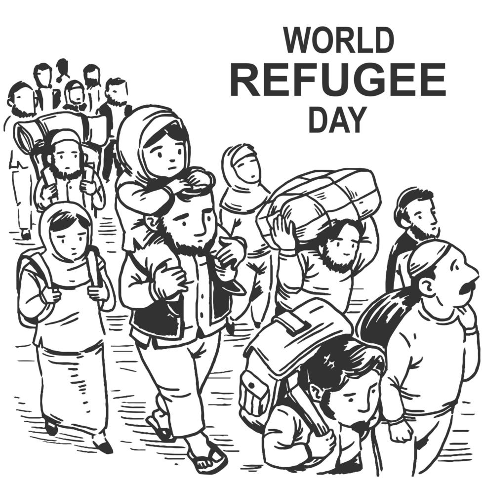 disegno di giornata mondiale del rifugiato disegnato a mano con passeggiate di gruppo vettore