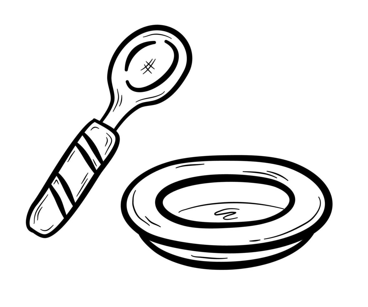 mano disegnato cucchiaio e ciotola. stoviglie, cucina utensili, attrezzatura per cucina. piatto vettore illustrazione nel scarabocchio stile.