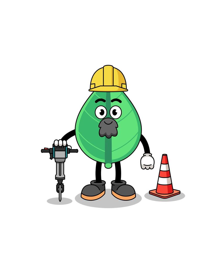 personaggio cartone animato di foglia Lavorando su strada costruzione vettore