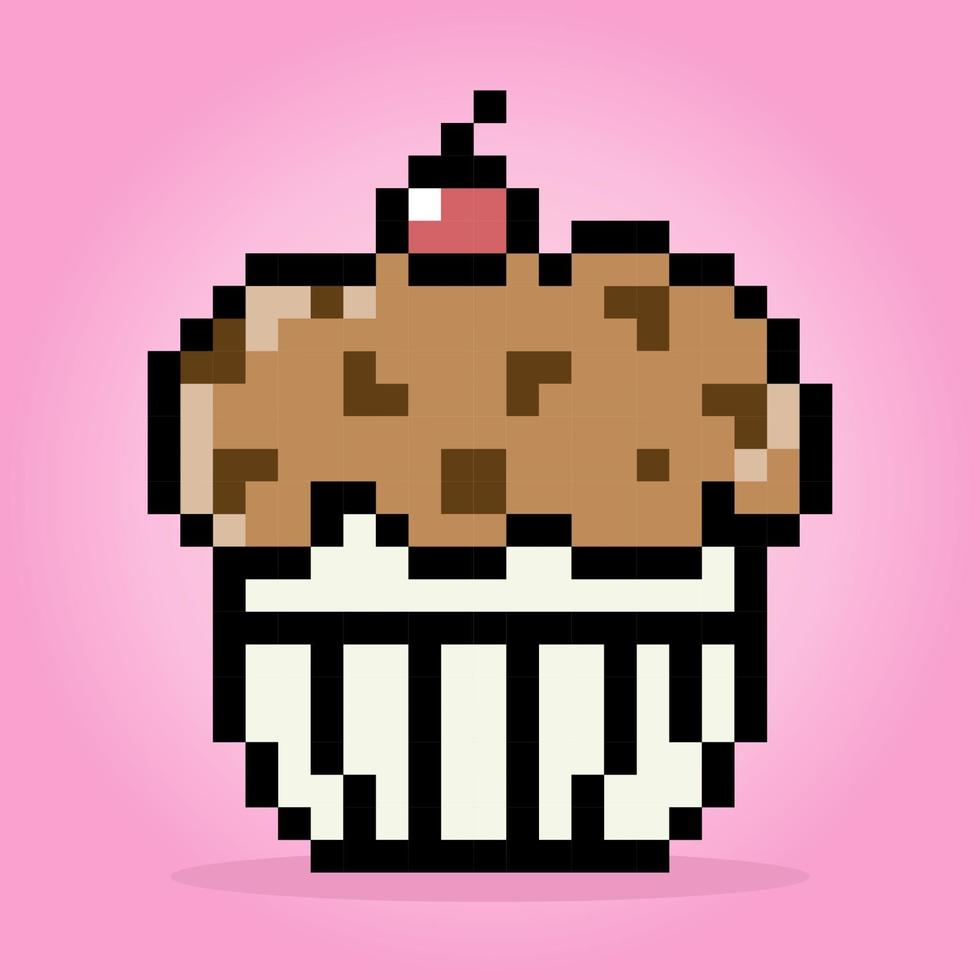 cupcake pixel 8 bit. piatti di cibo nelle illustrazioni vettoriali. vettore