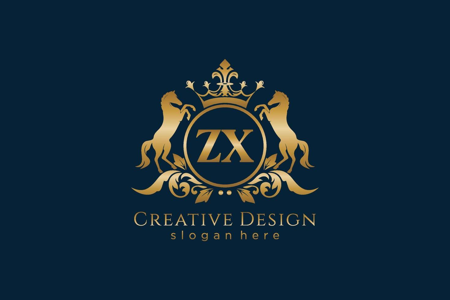 iniziale zx retrò d'oro cresta con cerchio e Due cavalli, distintivo modello con pergamene e reale corona - Perfetto per lussuoso il branding progetti vettore