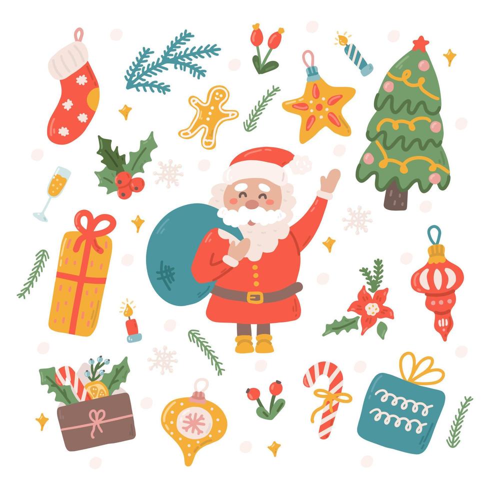 carino Natale vacanza impostato con babbo natale, i regali e decorazioni per il Natale albero, vettore piatto illustrazione nel mano disegnato stile su bianca sfondo