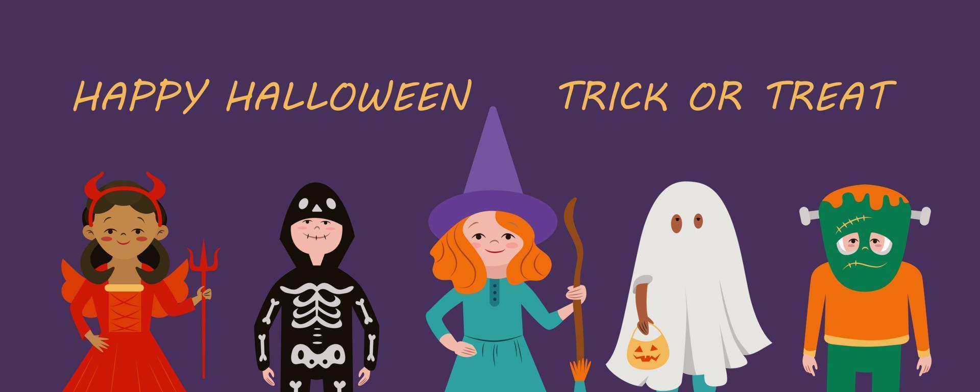 bambini nel Halloween costumi. divertente e carino carnevale bambini impostare. vettore illustrazione isolato su buio sfondo