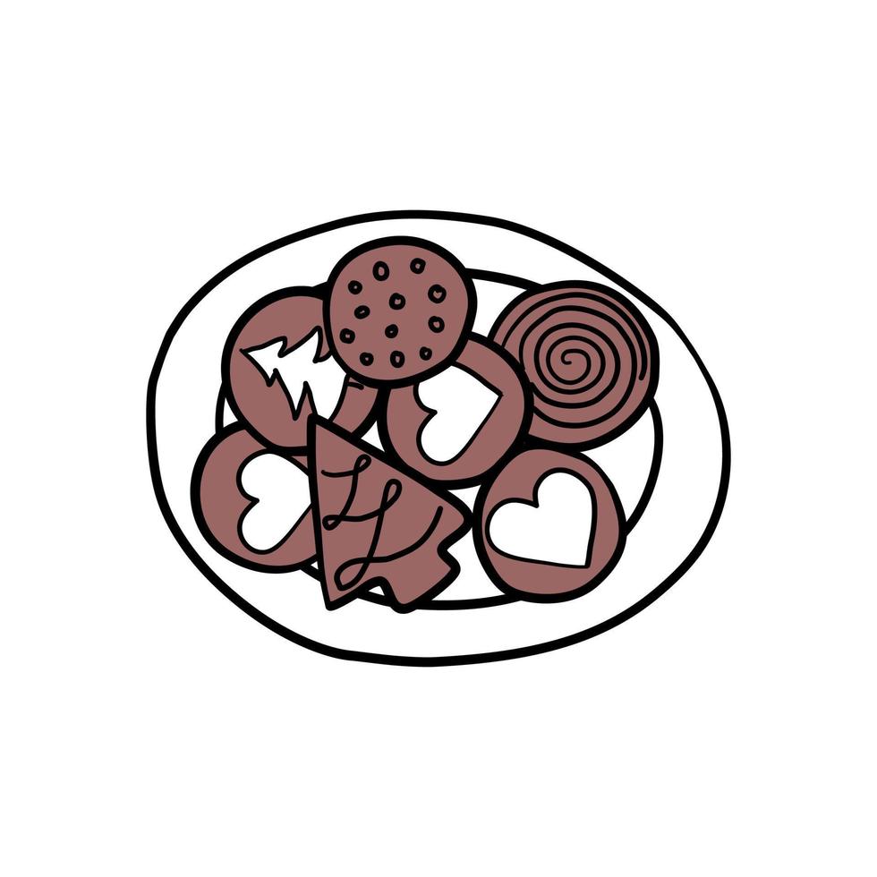 mano disegnato scarabocchio illustrazione di Natale biscotti su piatto. tradizionale vacanza Pasticcino. vettore illustrazione isolato su bianca sfondo.