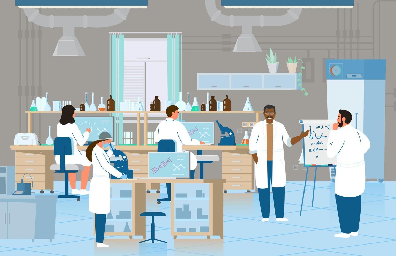 scienziati o medici uomini e donne fabbricazione ricerca nel chimico laboratorio. laboratorio interno con attrezzatura. piatto vettore illustrazione.