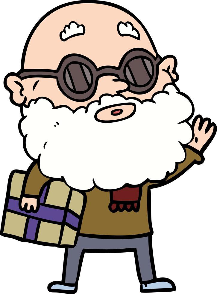 cartone animato curioso uomo con barba occhiali da sole e presente vettore