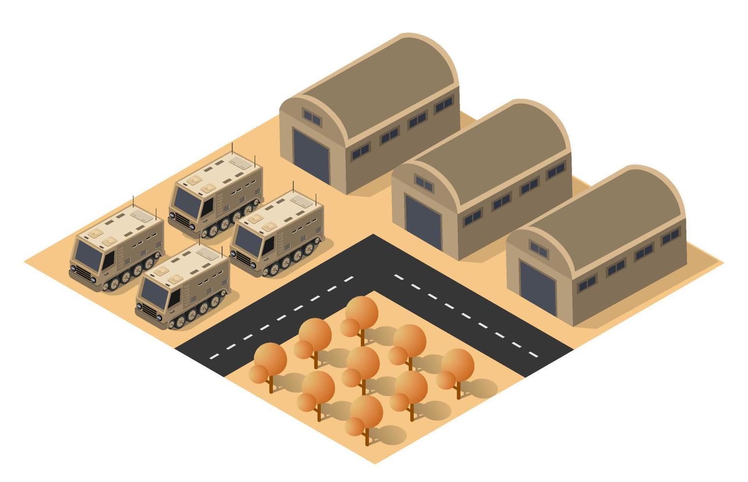 modulo base campo oggetto elemento per edificio design esercito armato truppe isometrico armato militare trasporto oggetti. guerra attrezzatura vigore grafico elementi serbatoio macchina 3d illustrazione vettore