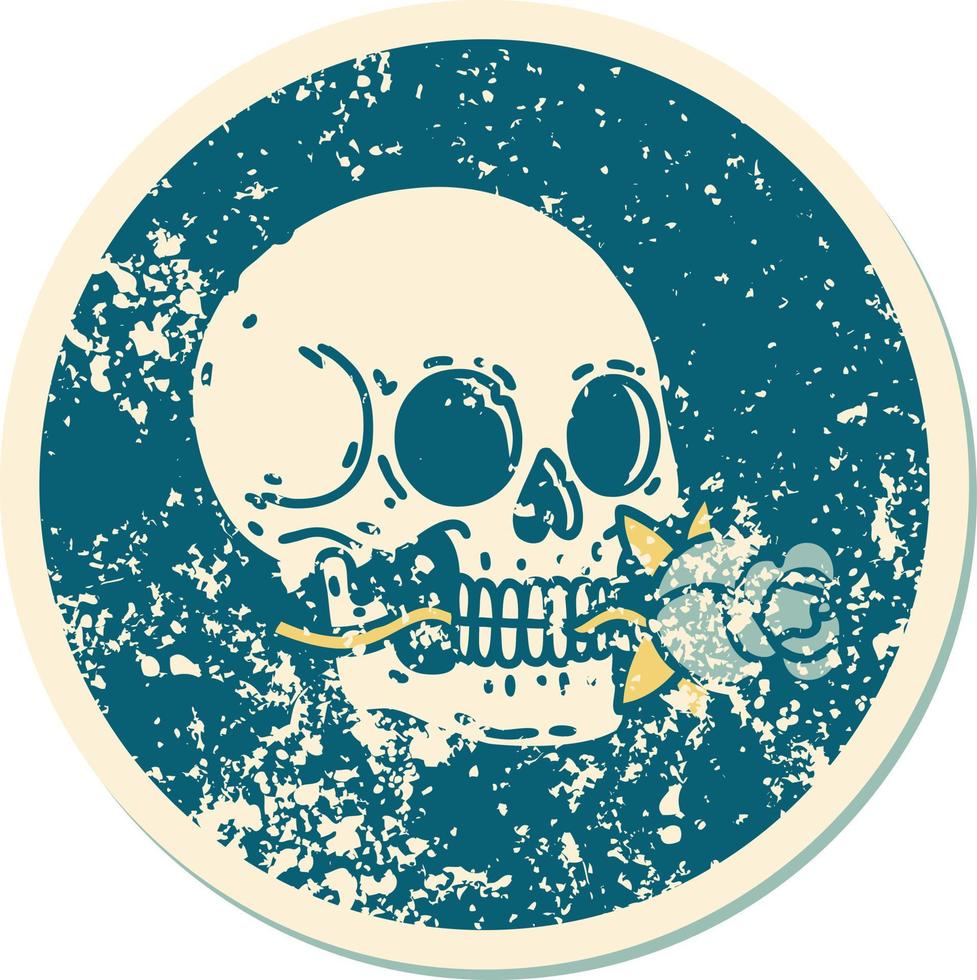 iconico afflitto etichetta tatuaggio stile Immagine di un' cranio e rosa vettore