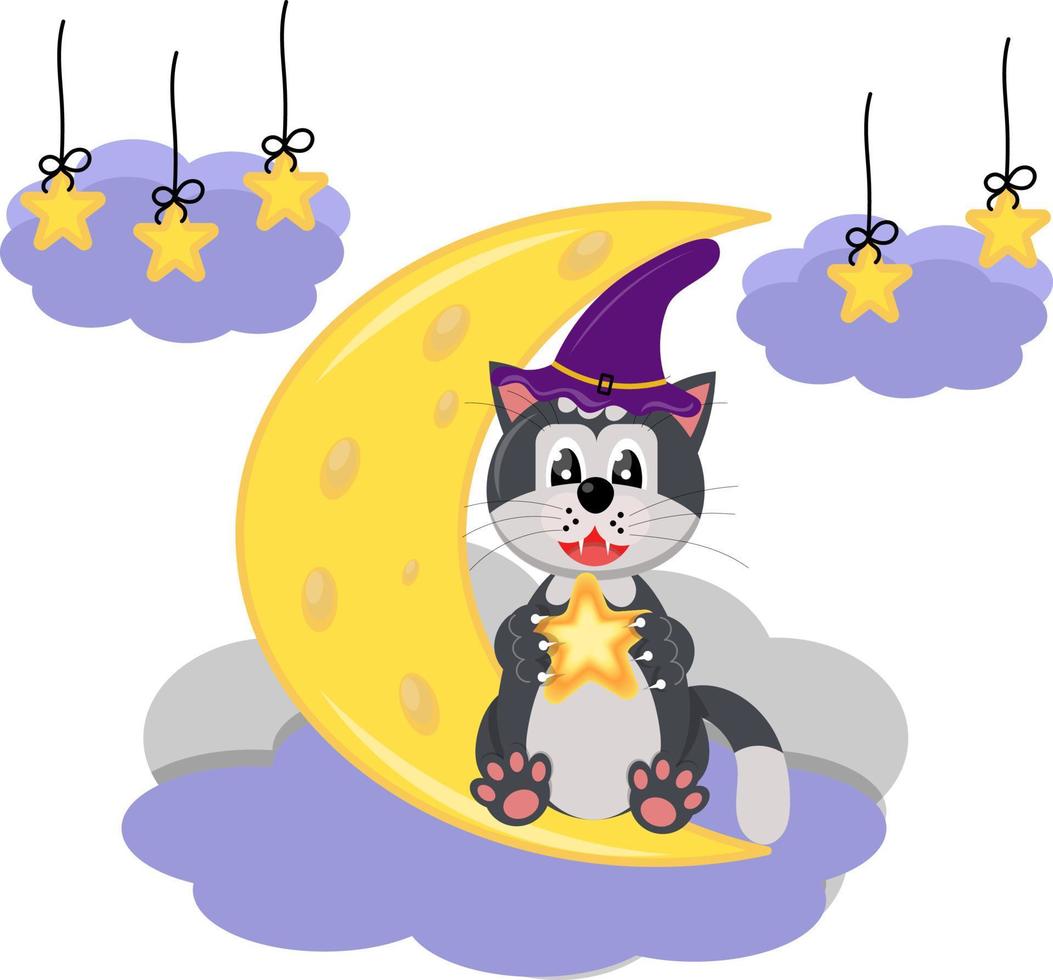 nero gatto con un' Magia stella si siede su il Luna e fa un' desiderio. Halloween. vettore cartone animato illustrazione.