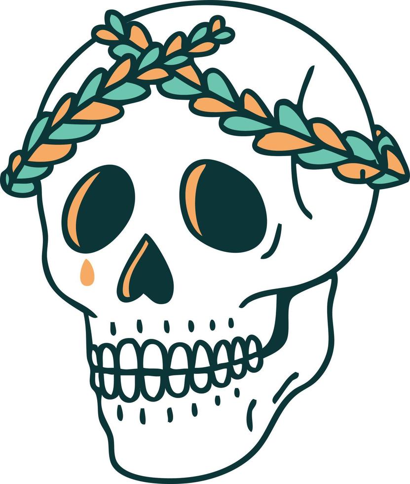 iconico tatuaggio stile Immagine di un' cranio con alloro ghirlanda corona vettore