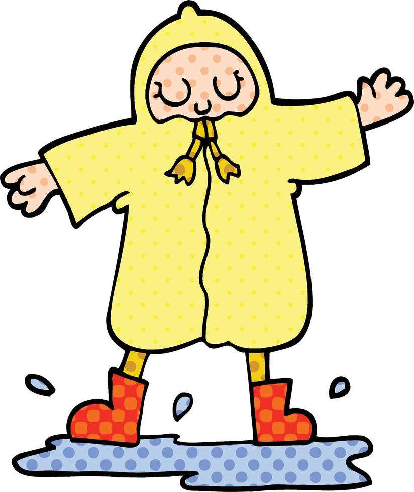 comico libro stile cartone animato persona spruzzi nel pozzanghera indossare pioggia cappotto vettore