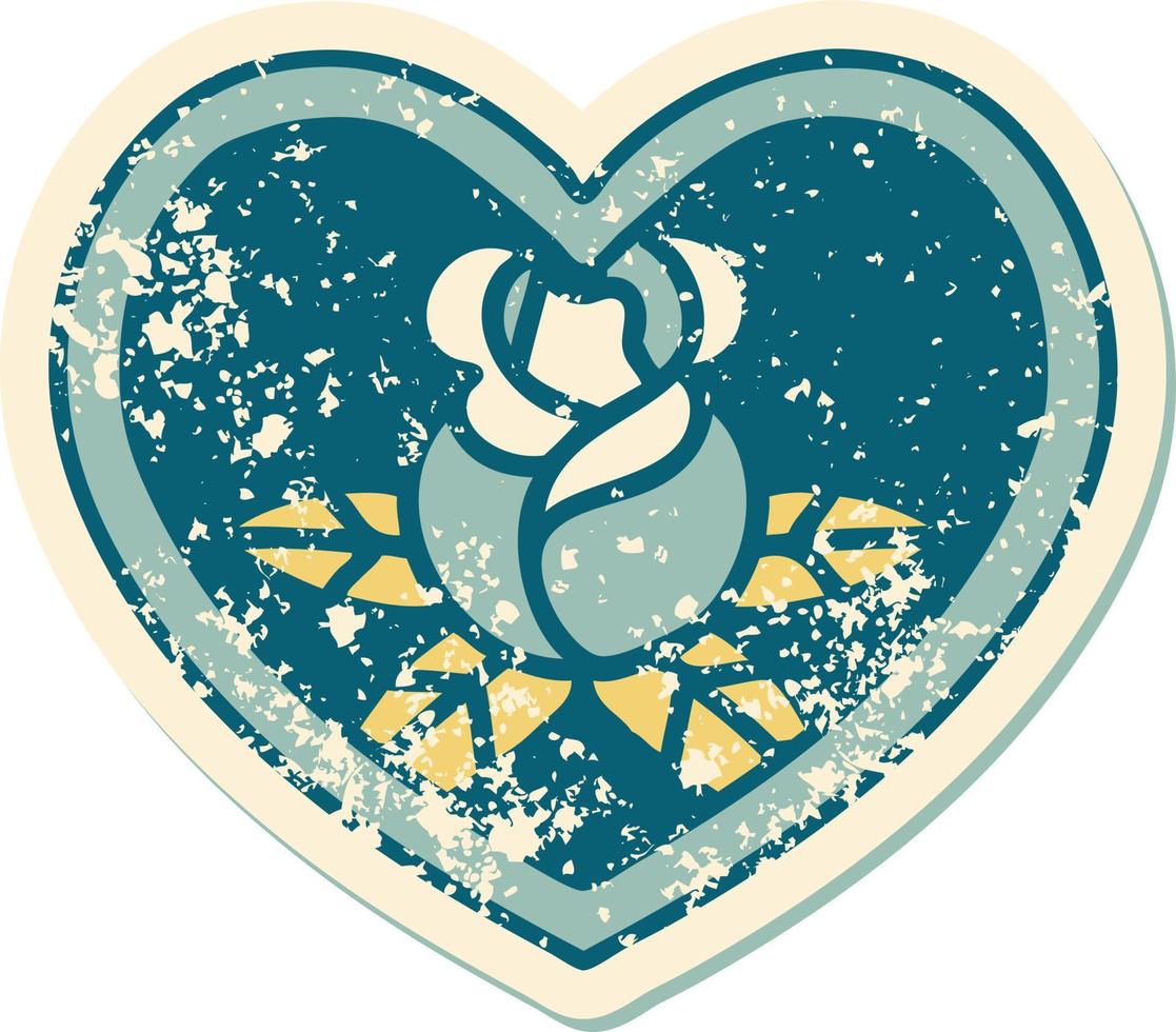 iconico afflitto etichetta tatuaggio stile Immagine di un' cuore e fiori vettore