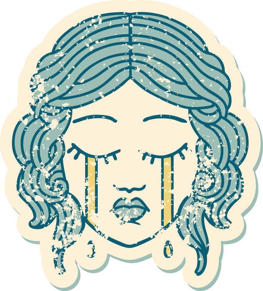 iconico afflitto etichetta tatuaggio stile Immagine di femmina viso pianto vettore