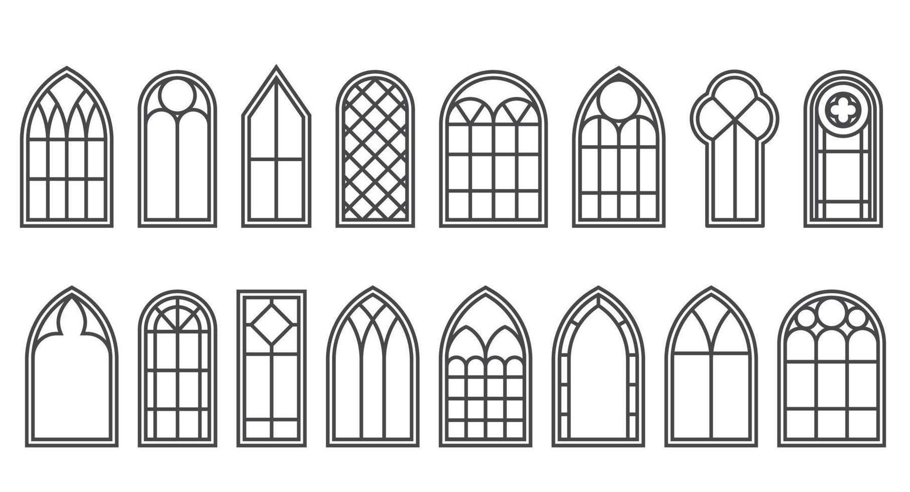 Gotico finestre schema impostare. silhouette di Vintage ▾ macchiato bicchiere Chiesa cornici. elemento di tradizionale europeo architettura. vettore schema illustrazione