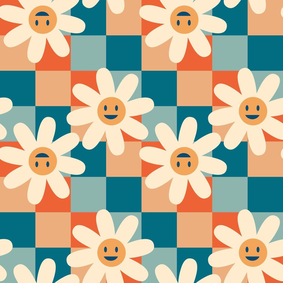 Vintage ▾ senza soluzione di continuità modello con sorridente camomilla fiori su scacchi sfondo. vettore