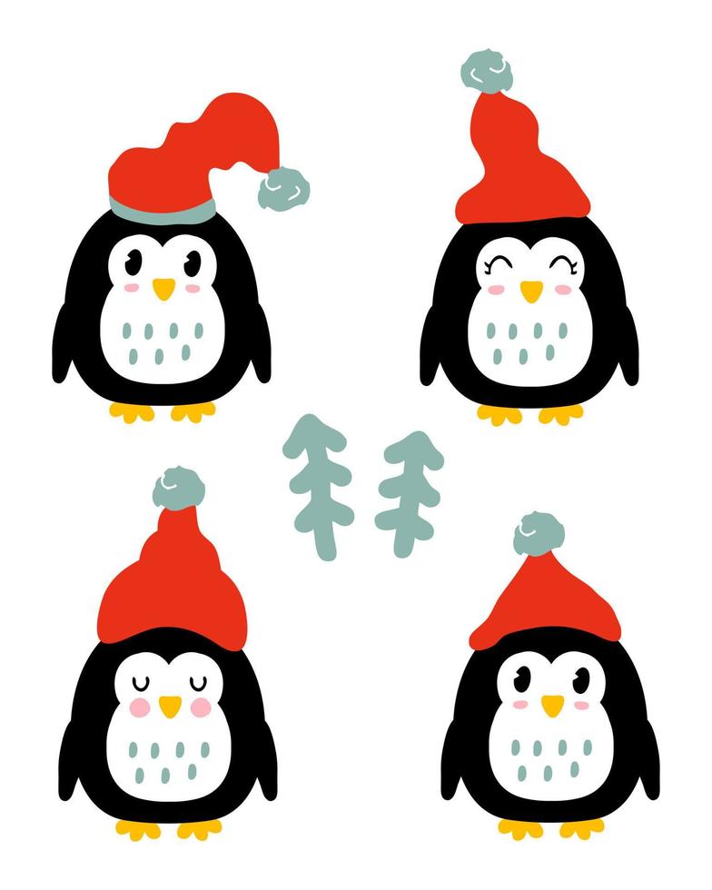 inverno pinguini nel cappelli con Natale alberi collezione. vettore