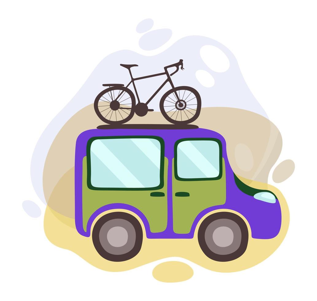 viaggio minivan con bicicletta su il superiore. famiglia estate viaggio concetto. nazione paesaggio intorno a. vettore