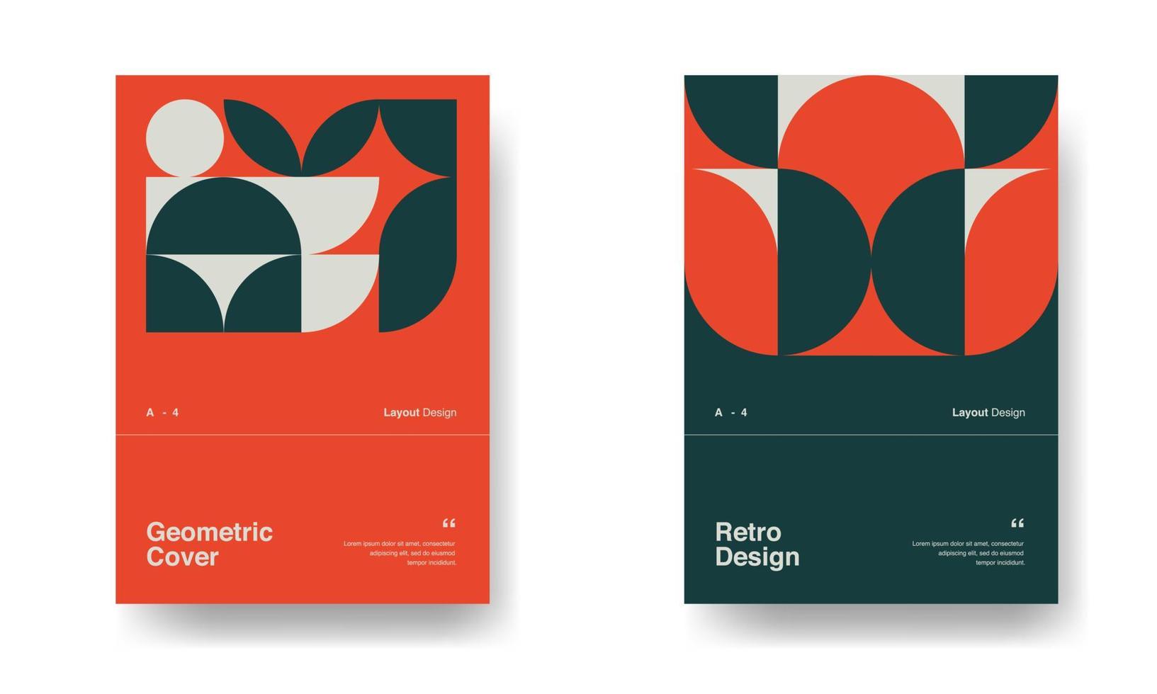 retrò grafico design copertine. freddo Vintage ▾ forma composizioni. bauhaus e svizzero modello sfondo, astratto geometrico forma design vettore manifesto. rosso, bianca, e nero colore tavolozza.