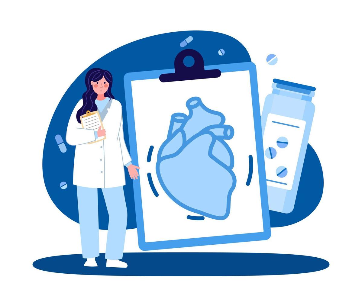 un' femmina medico lavoratore. cardiologo con un' tavoletta. il concetto di medicina e Salute. vettore illustrazione nel un' piatto stile su un' blu sfondo
