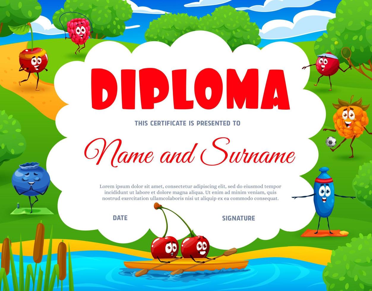 bambini diploma con bacca personaggi su estate lago vettore