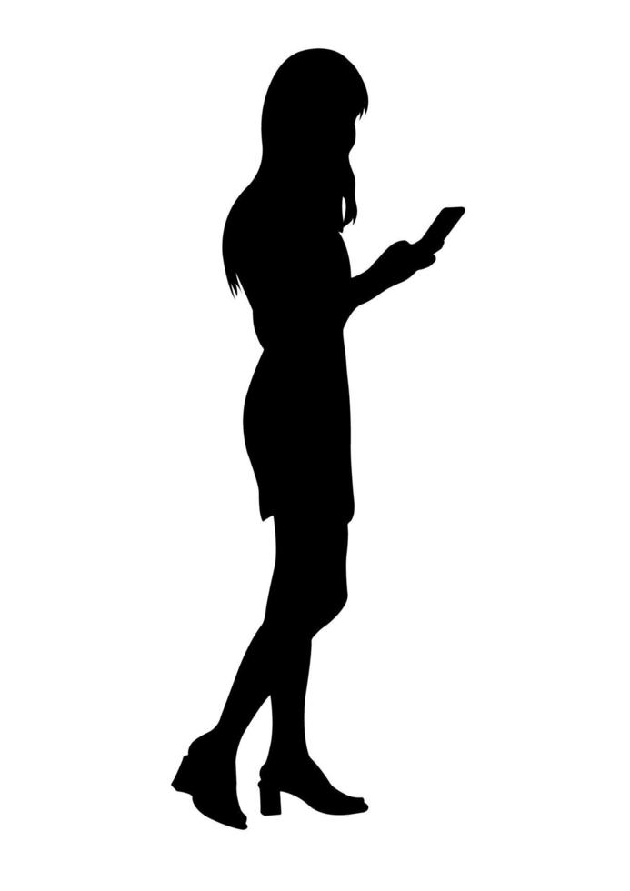 grafica silhouette attività commerciale donna hold smartphone per connessione di tecnologia vettore illustrazione