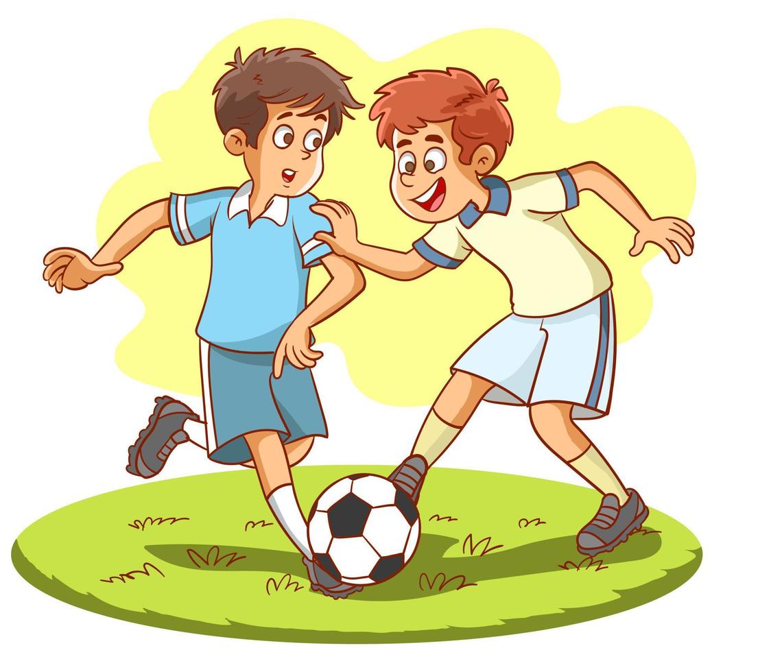 Due poco ragazzi giocare calcio, contento bambini giocando calcio nel il parco isolato su bianca vettore illustrazione