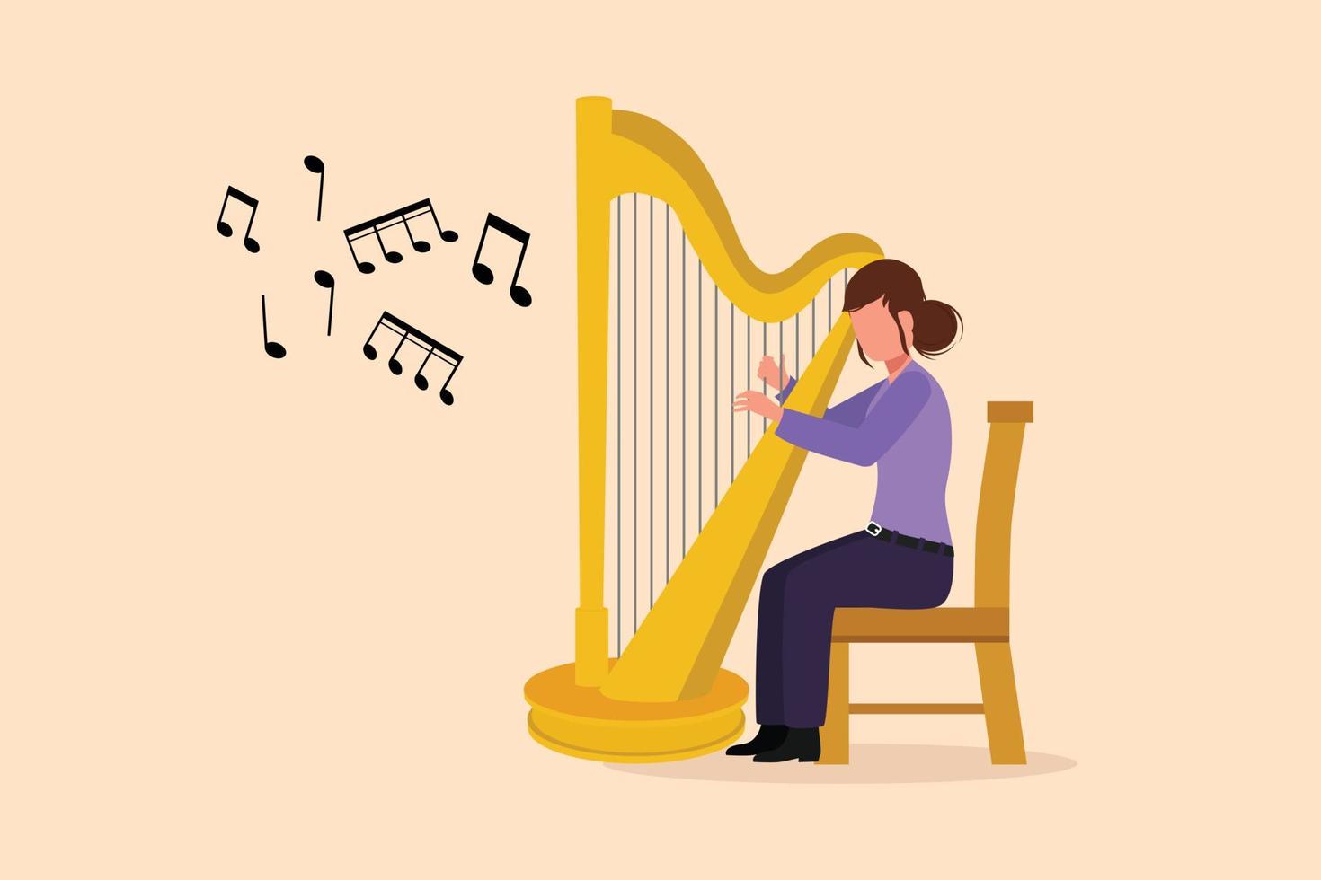 attività commerciale piatto cartone animato stile disegno donna musicista giocando arpa. classico musica esecutore personaggio con musicale strumento. femmina seduta, giocando arpa. grafico personaggio design vettore illustrazione