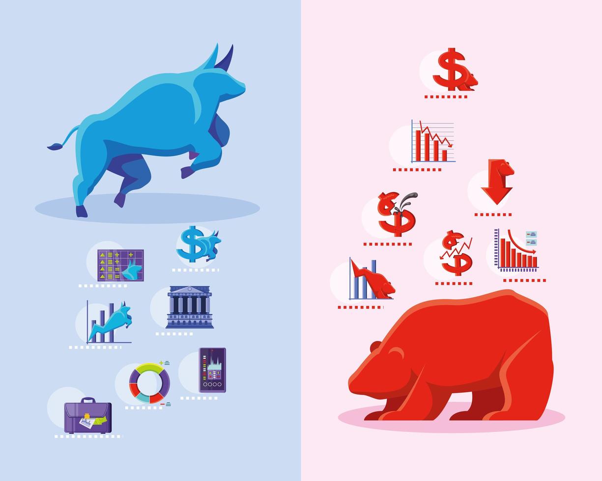 icone del mercato azionario con toro e orso vettore