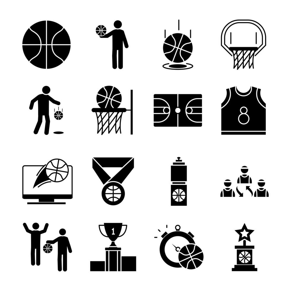 set di icone in stile silhouette gioco di basket vettore