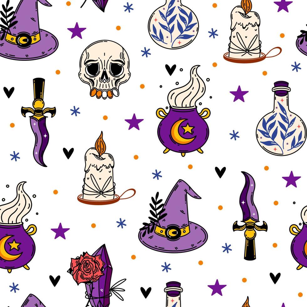 Halloween senza soluzione di continuità vettore modello. autunno vacanza simbolo - strega cappello, rituale lama, Magia elisir, candela, calderone, cristallo. luminosa piatto illustrazione, cartone animato. sfondo per sfondo, avvolgere, ragnatela