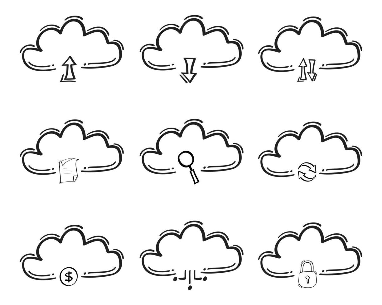 mano disegnato computer nube relazionato icona nel scarabocchio stile vettore