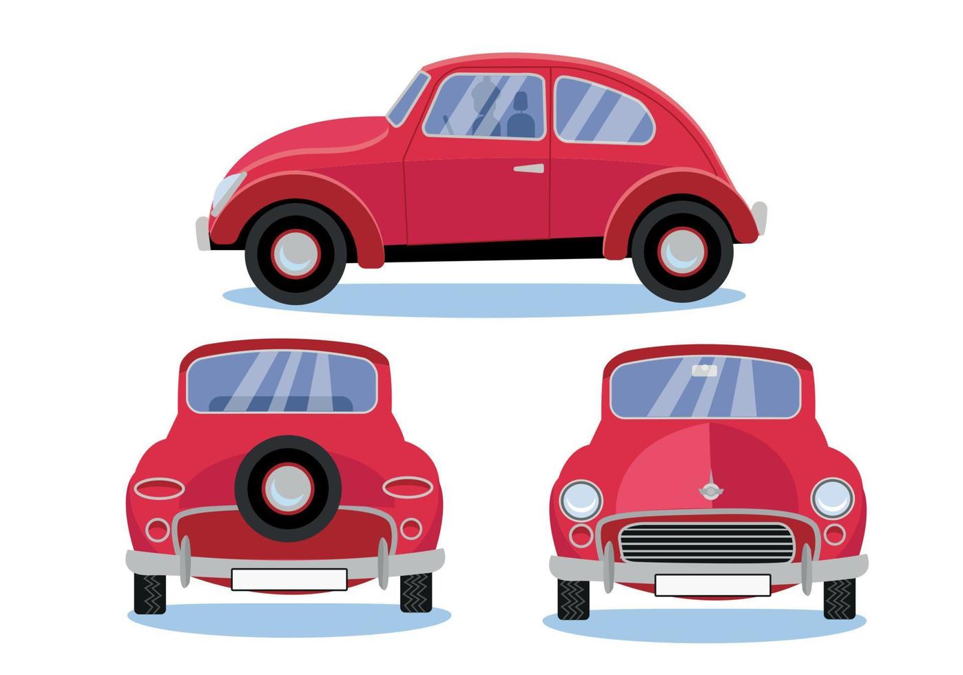 rosso retrò auto automobile impostato nel tre diverso visualizzazioni lato - davanti - indietro Visualizza. carino veicolo con il giro fari e il giro tetto su bianca sfondo. piatto cartone animato stile vettore illustrazione