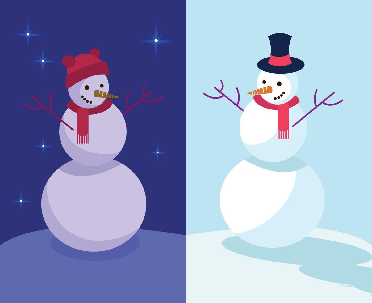 impostato di Due inverno vacanze divertente pupazzi di neve a giorno e notte. emotivo personaggi nel divertente cappelli siamo felice, bianca, blu, rosso piatto vettore illustrazione nel cartone animato stile. pupazzo di neve di giorno e pupazzo di neve di notte